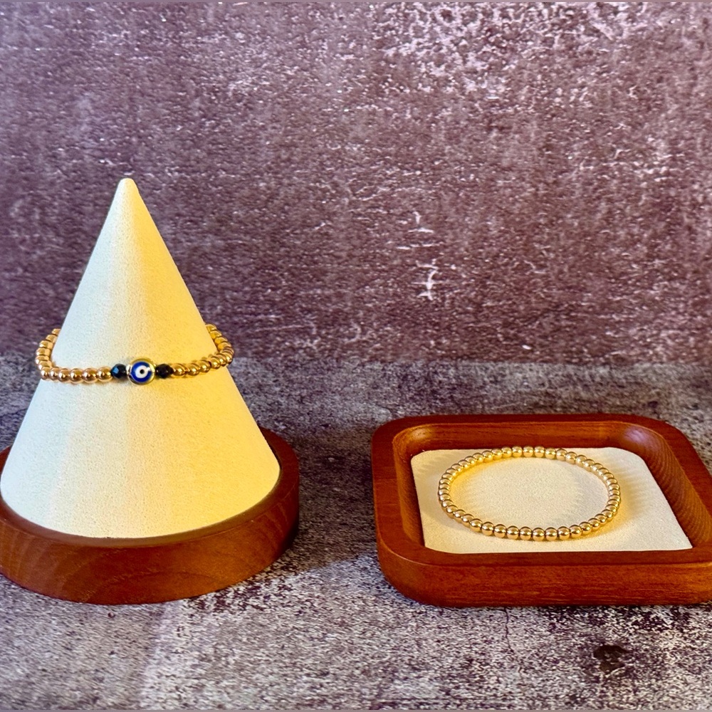 Bundle 18K Gold Evil eye, Sapphire, & plain 4mm Beads Bracelet, Tarnish-free